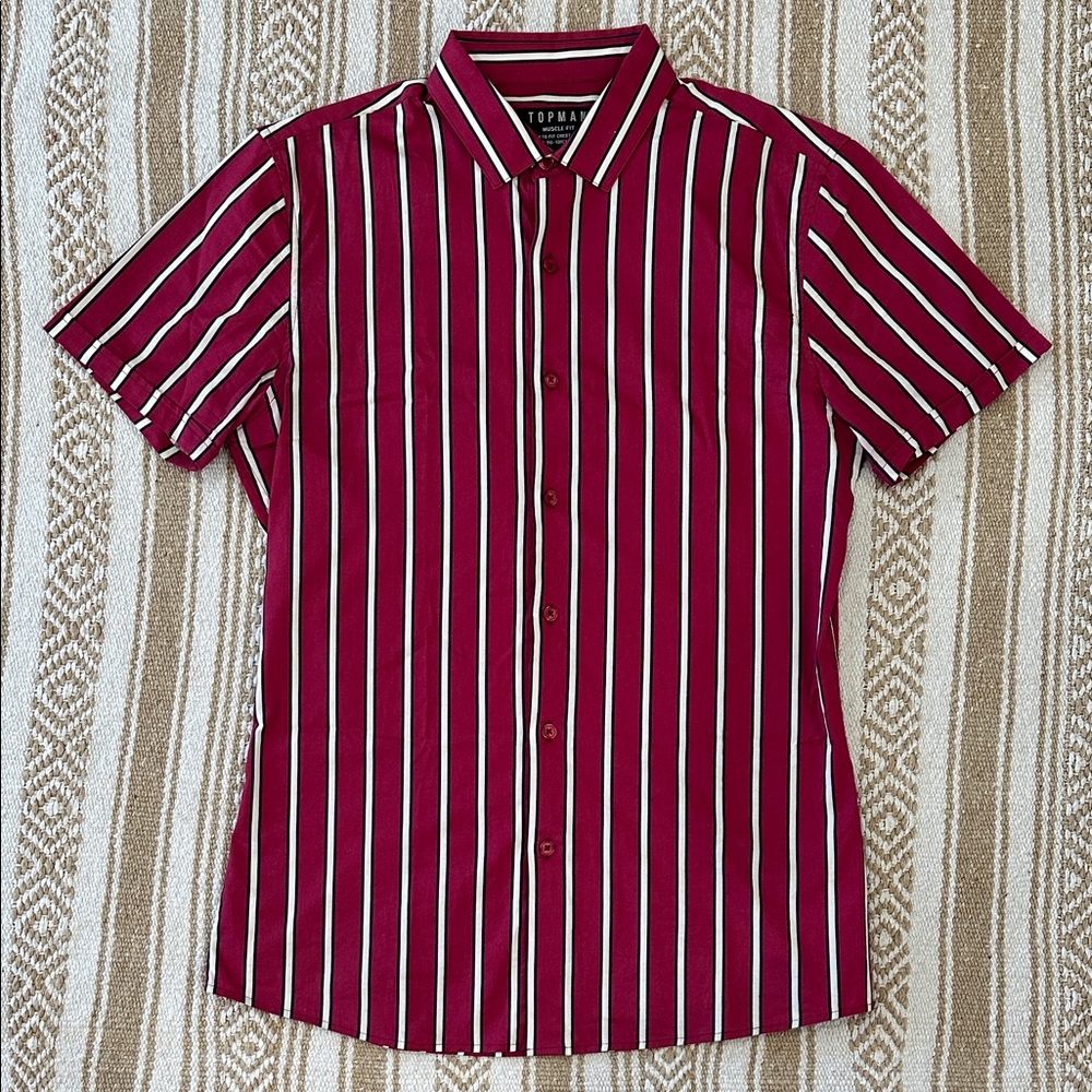 Topman Men's Maroon and White Striped Shirt